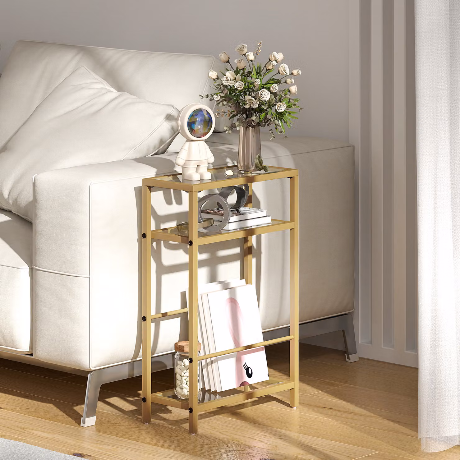 HOMCOM 3-Tier Gold Side Table with Tempered Glass Top and Storage Shelf – 2