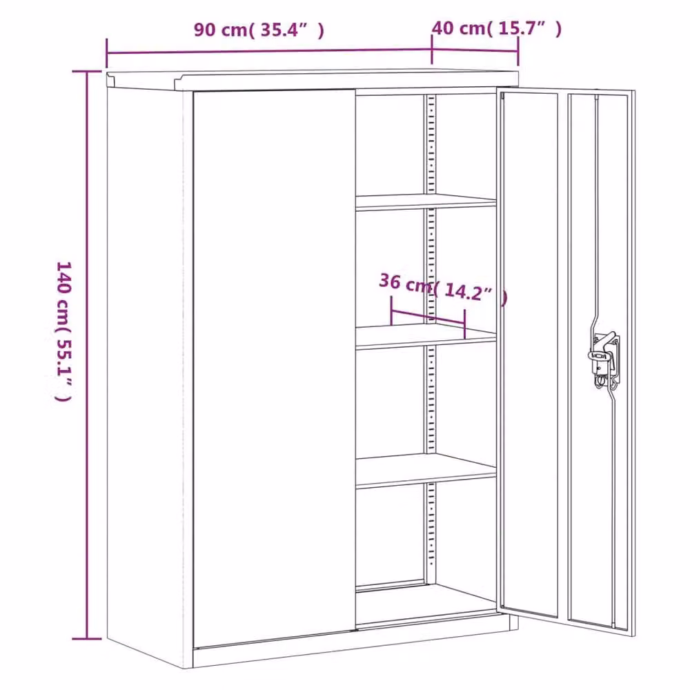 Berkfield Home Black Metal File Cabinet with Hinged Doors and Adjustable Shelves, W/D/H: 90 x 40 x 140 cm – 6