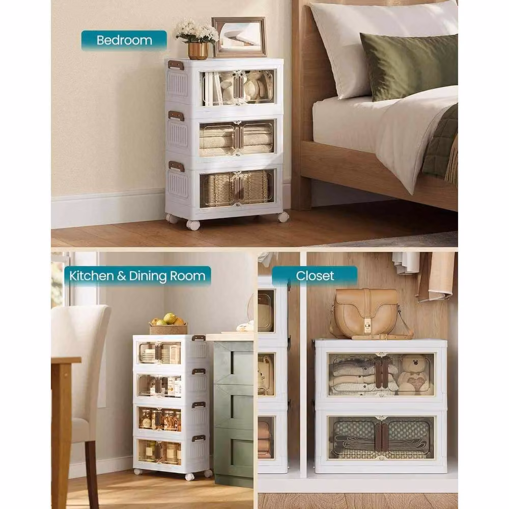 The Bazaarist Modern 4 Tier Freestanding Storage Cabinet with Glass Hinged Doors and Wheels, White – 3