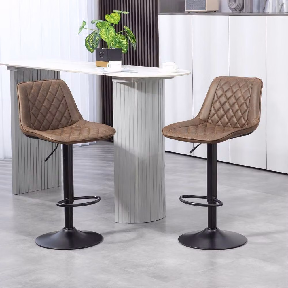 STILVORA Set of 2 Modern Adjustable Height Swivel Bar Stools in Brown Synthetic Leather – 2