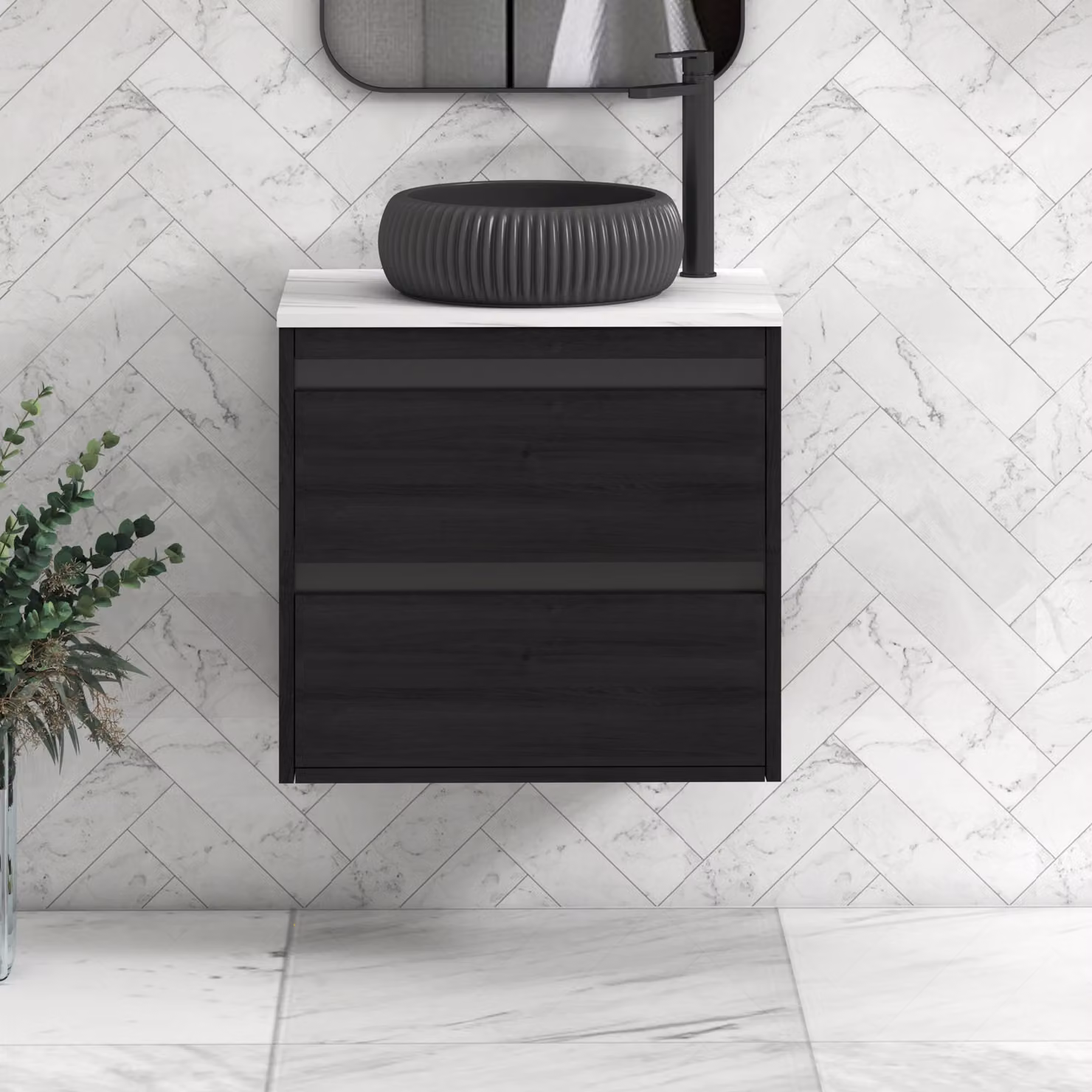 Royal Bathrooms Orion 600mm Wall Hung Vanity Unit with Milan Black Basin and Carrara White Countertop, Black and White