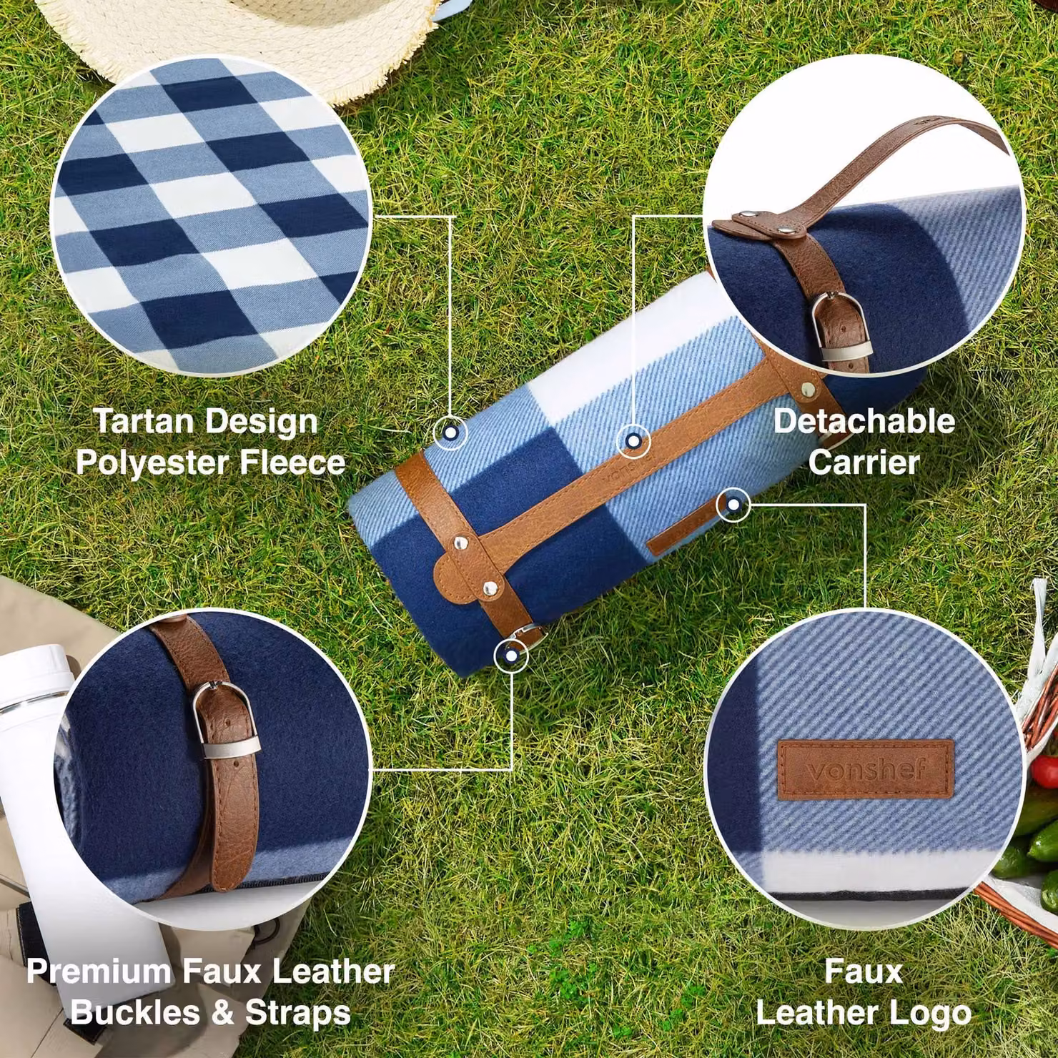 VonShef Blue and White Tartan Picnic Blanket with Waterproof Underside, W: 147 cm, D: 180 cm – 2