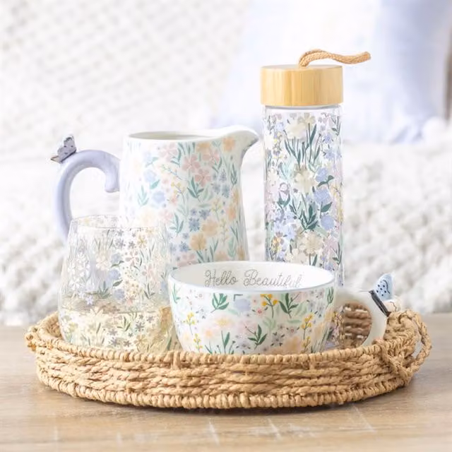 KDMK Floral Glass Tumbler in Purple and Yellow, 550 ml