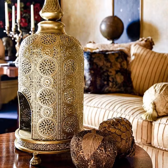 Madison & Mayfair Large Gold Metal Oriental Geometric Tabletop Pillar Lantern