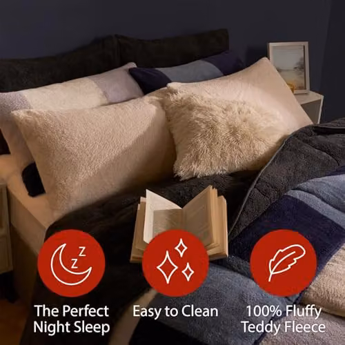 OHS Single Teddy Fleece Coverless Duvet Set with Pillowcase, 10.5 Tog, Silver Grey, W/D/H: 135 x 200 cm – 2