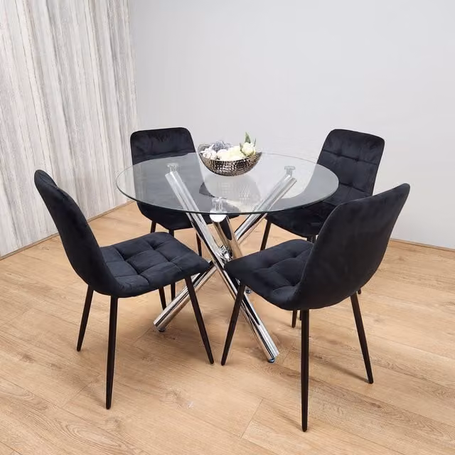 Kosy Koala Round Chrome Metal and Clear Glass Dining Table with 4 Black Tufted Velvet Chairs Kitchen Dining Set, Diameter: 90 cm, Height: 75 cm – 1