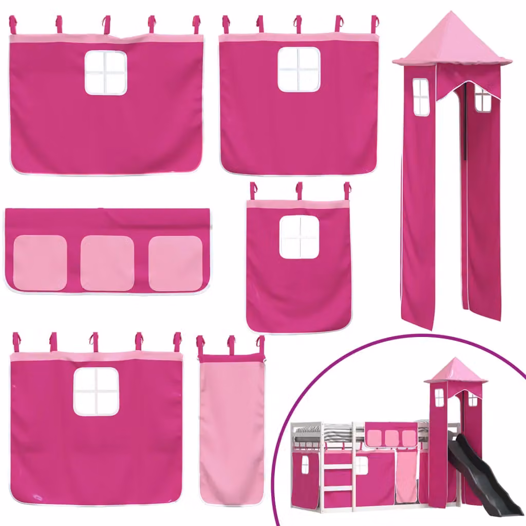 Berkfield Home Pink Solid Wood Childrens Bunk Bed with Slide and Curtains W/D/H: 90 x 200 cm – 2