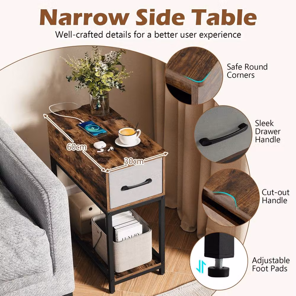 Costway Industrial Narrow Side Table with Charging Station and Drawer in Brown – 5