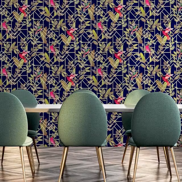 Arthouse Deco Tropical Spongeable Wallpaper in Navy and Gold with Art Deco Botanical and Geometric Patterns