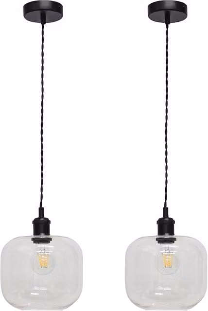 First Choice Lighting Bletch Set of 2 Retro Pendant Fittings with Transparent Glass and Black Metal Finish