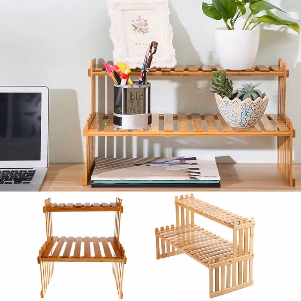 Kelvenix 2-Layer Rustic Wood Plant Flowerpot Display and Storage Rack in Beige and Brown – 2