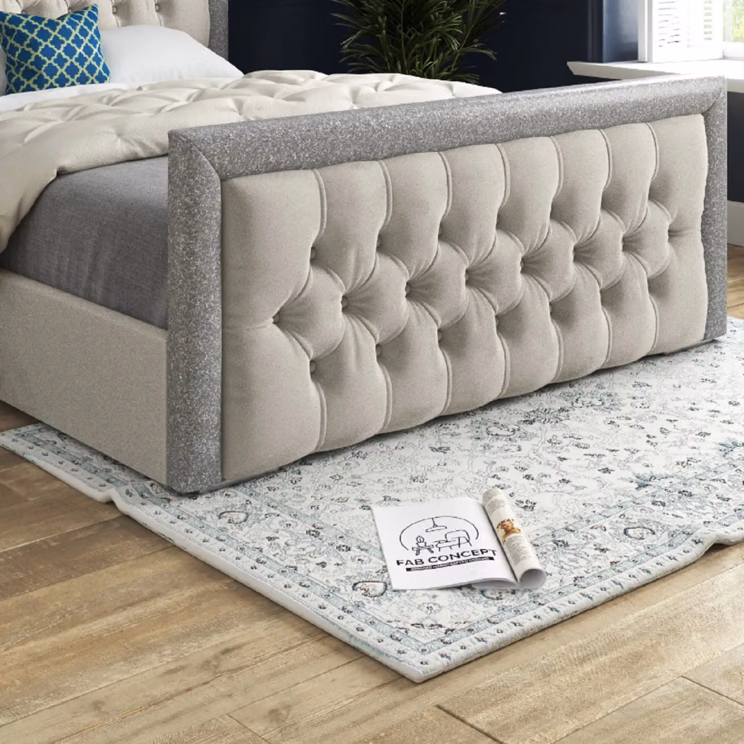 KDMD Venice Glitter Border Upholstered Soft Velvet Bed Frame in Cream, Size: Single (90 x 200 cm) – 3