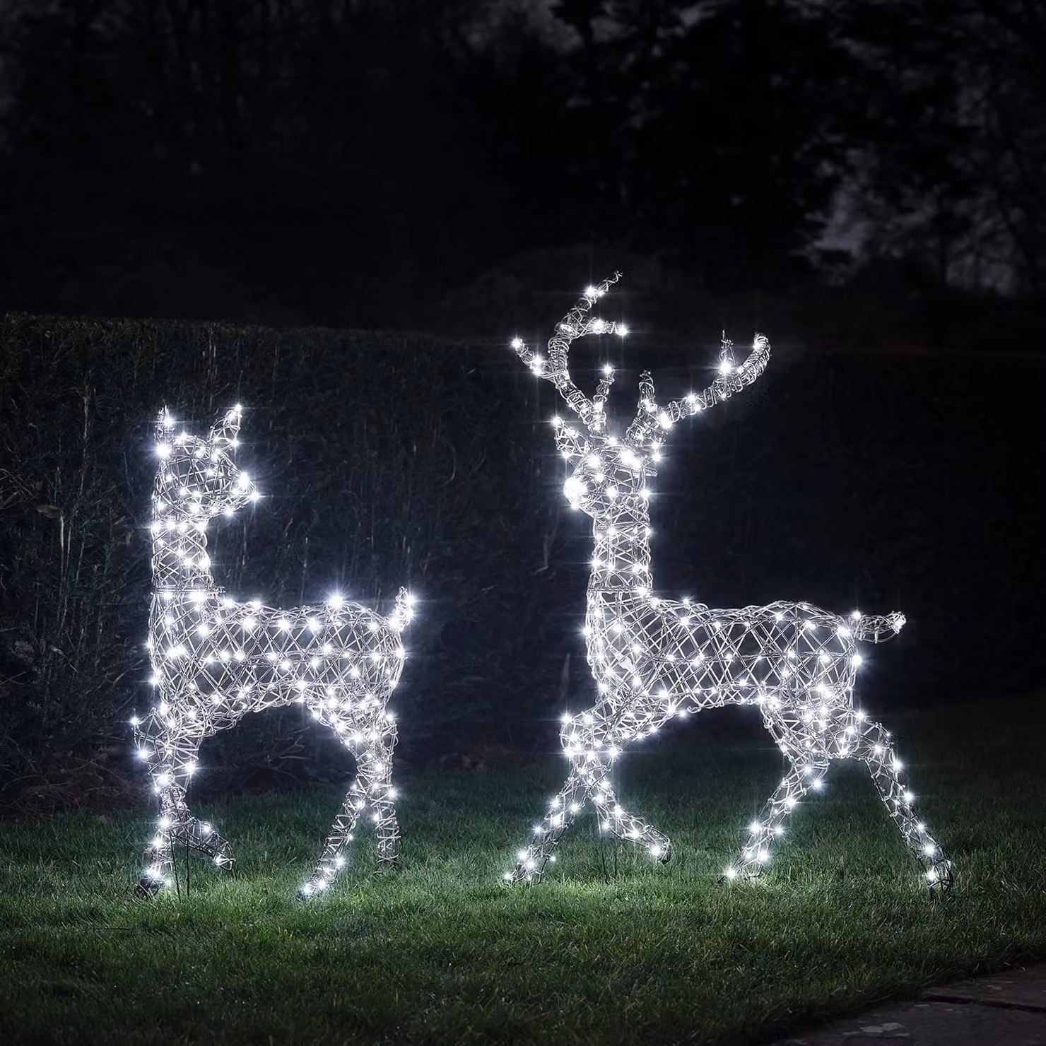 Lights4fun Solar Powered Studley Stag and Doe Dual Colour LED Light Up Reindeer Duo in White