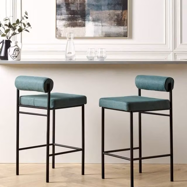 Wyld and Coco Set of 2 Teal Petrol Green Bar Stools with Roll Backrest and Metal Legs