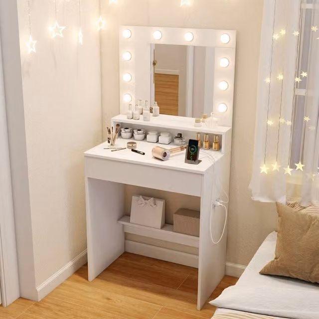 Costway Modern Wooden Vanity Desk with Hollywood LED Mirror in White