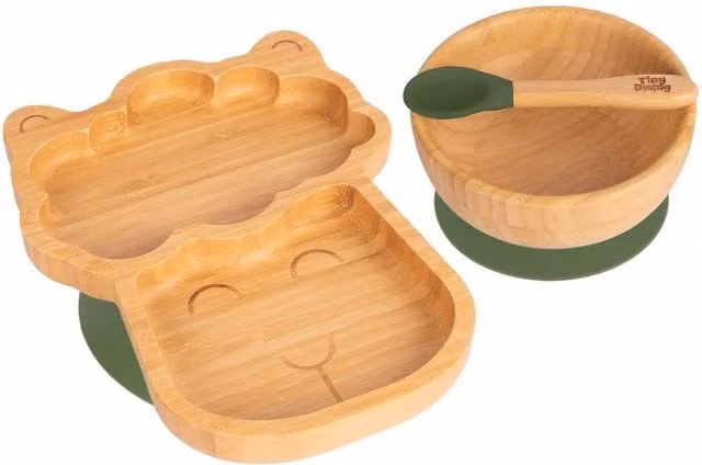 Tiny Dining 3-Piece Llama Bamboo and Silicone Suction Feeding Set in Light Green – 1
