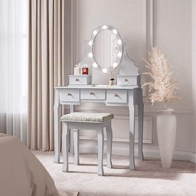 Carme Home Ruby Rozanna Hollywood Mirror Dressing Table with LED Oval Mirror in Grey