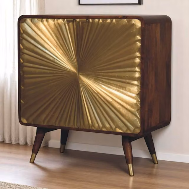 Artisan Furniture Avora Mango Wood 2 Door Cabinet in Brown with Brass Embossed Details