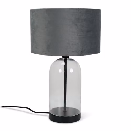 ValueLights Glass and Black Metal Bedside Table Lamp with Grey Velvet Lampshade and Warm White LED Bulb