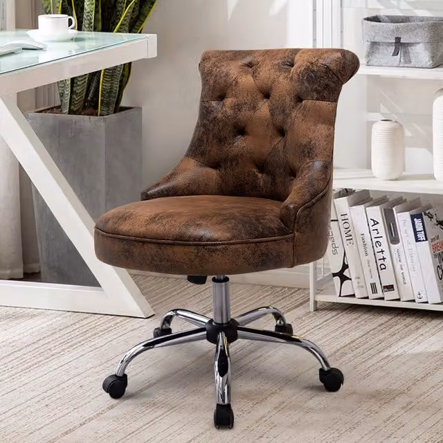 Livingandhome Brown Chesterfield PU Leather Swivel Task Chair with Castors