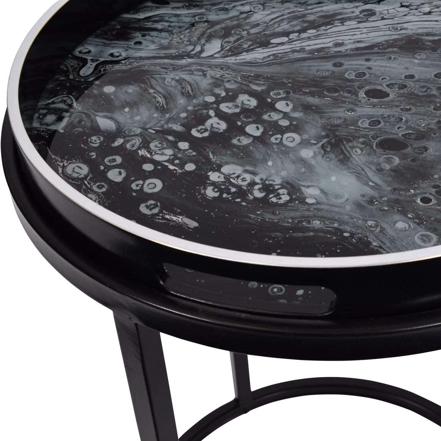 Libra Interiors Monochrome Swirl Set of 2 Round Metal Side Tray Tables in Black, White and Multicolour – 2