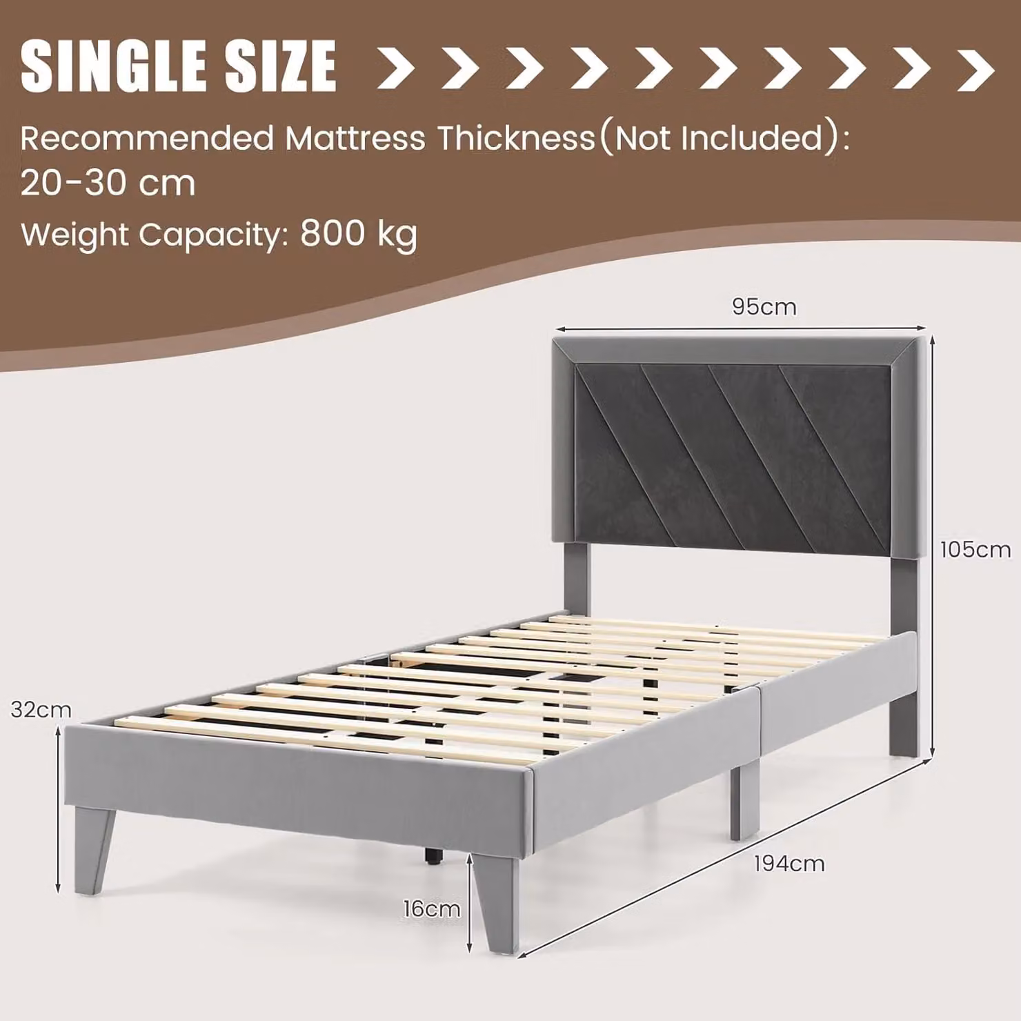 Gymax Single Upholstered Platform Bed Frame with High Velvet Headboard in Grey – 3