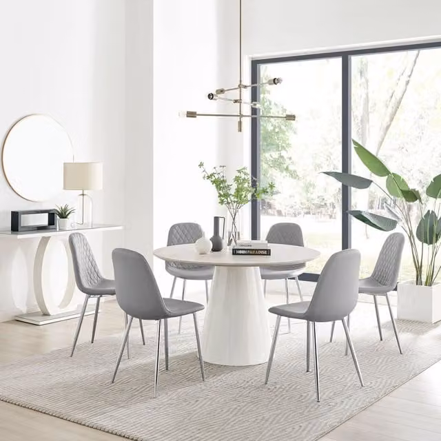 FurnitureboxUK Palma Beige Stone Effect Round Dining Table and 6 Corona Silver Chairs in Grey