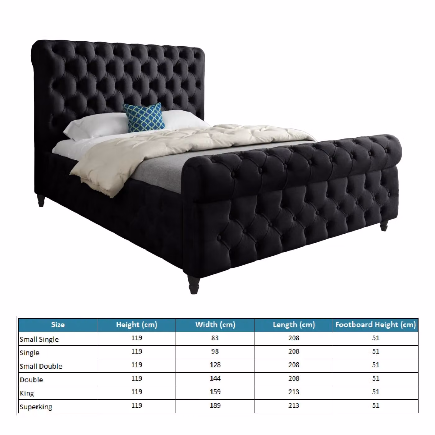 Casani Savana Sleigh Upholstered Soft Velvet Bed Frame in Black, W/D/H: 120 x 200 cm – 4