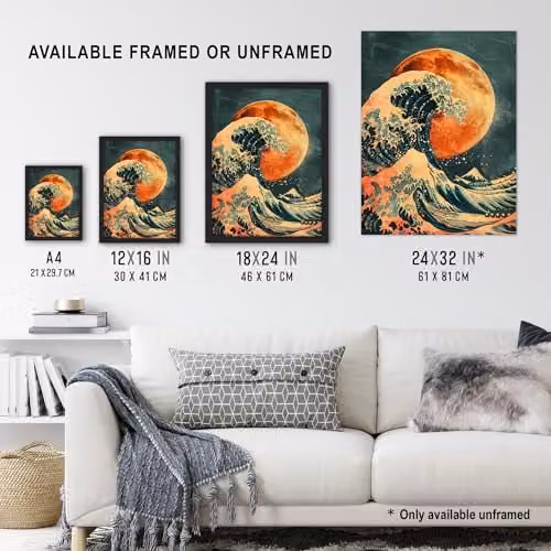 Artery8 Orange Moon Traditional Japanese Waves Framed Wall Art Print, A4 – 3
