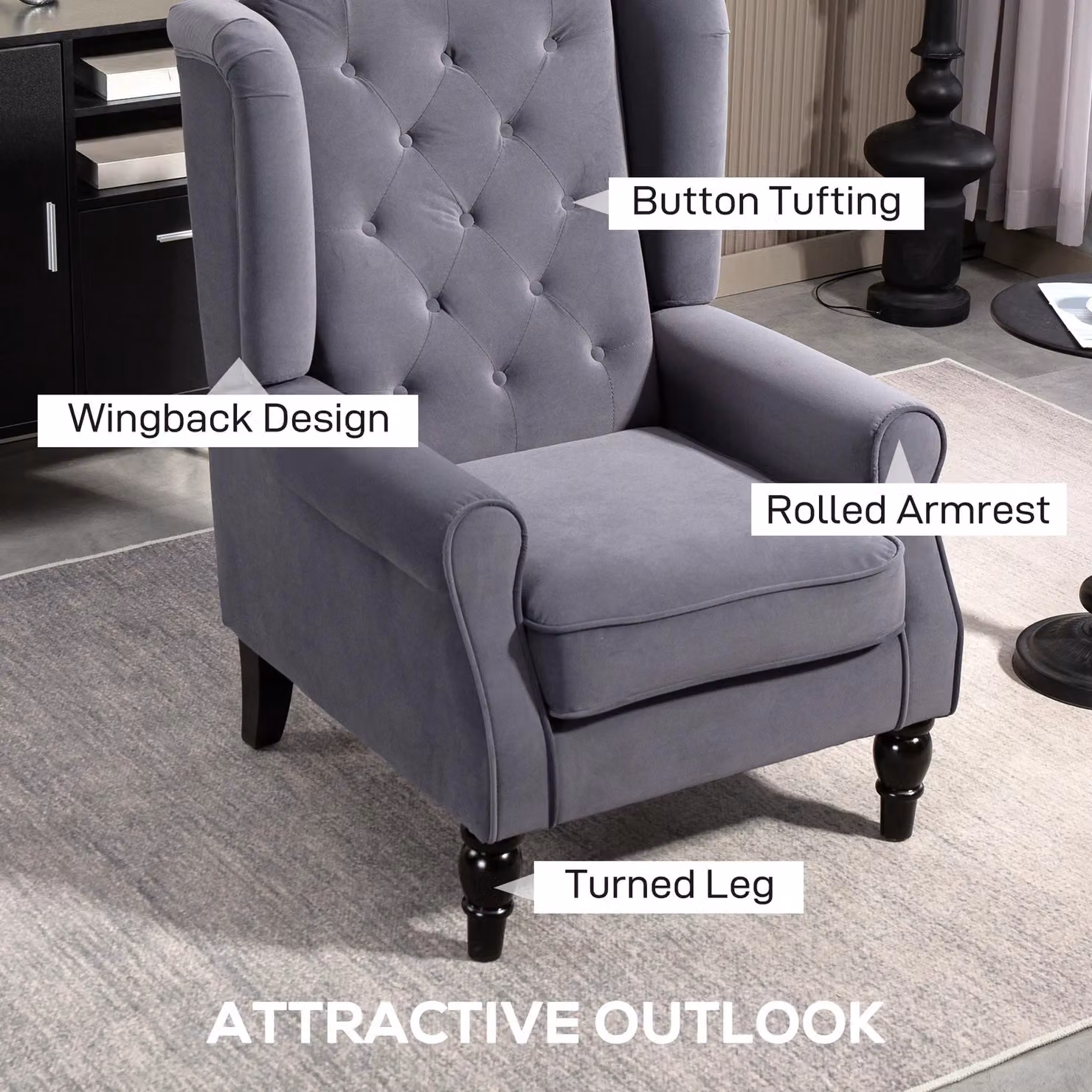 HOMCOM Retro Wingback Accent Armchair in Grey Velvet with Solid Wood Frame – 4