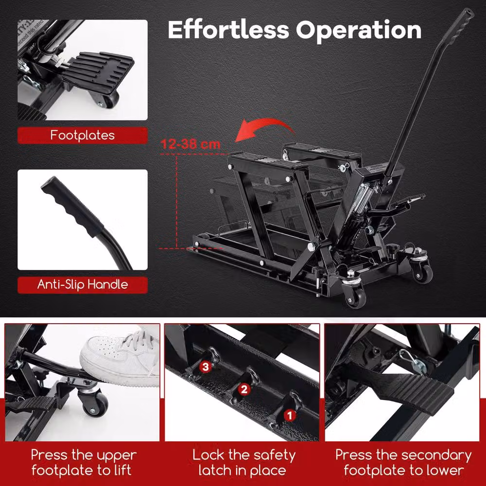 Gymax Hydraulic Motorcycle Lift Jack with 4 Wheels, Black, 680kg Capacity – 4