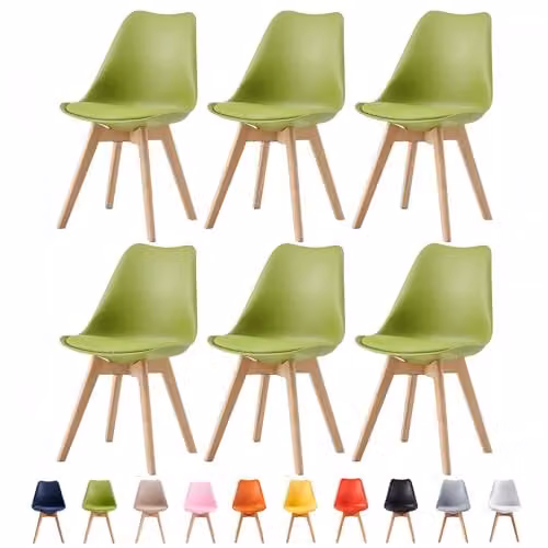 mcc direct Set of 6 Deluxe Retro Dining Chairs with Wooden Legs and Soft Cushions in Green