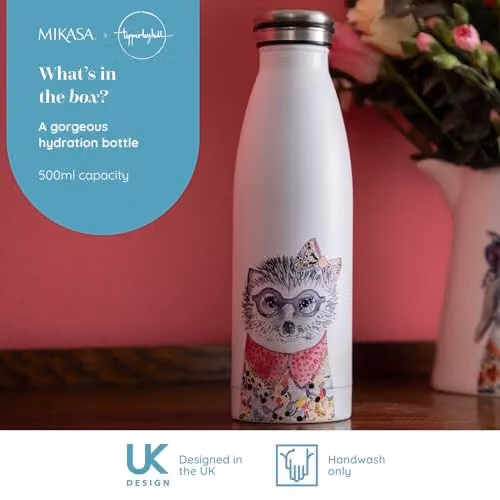Mikasa Tipperleyhill Stainless Steel Vacuum Insulated Water Bottle with Hedgehog Illustration, White and Multicolour, 500ml – 2