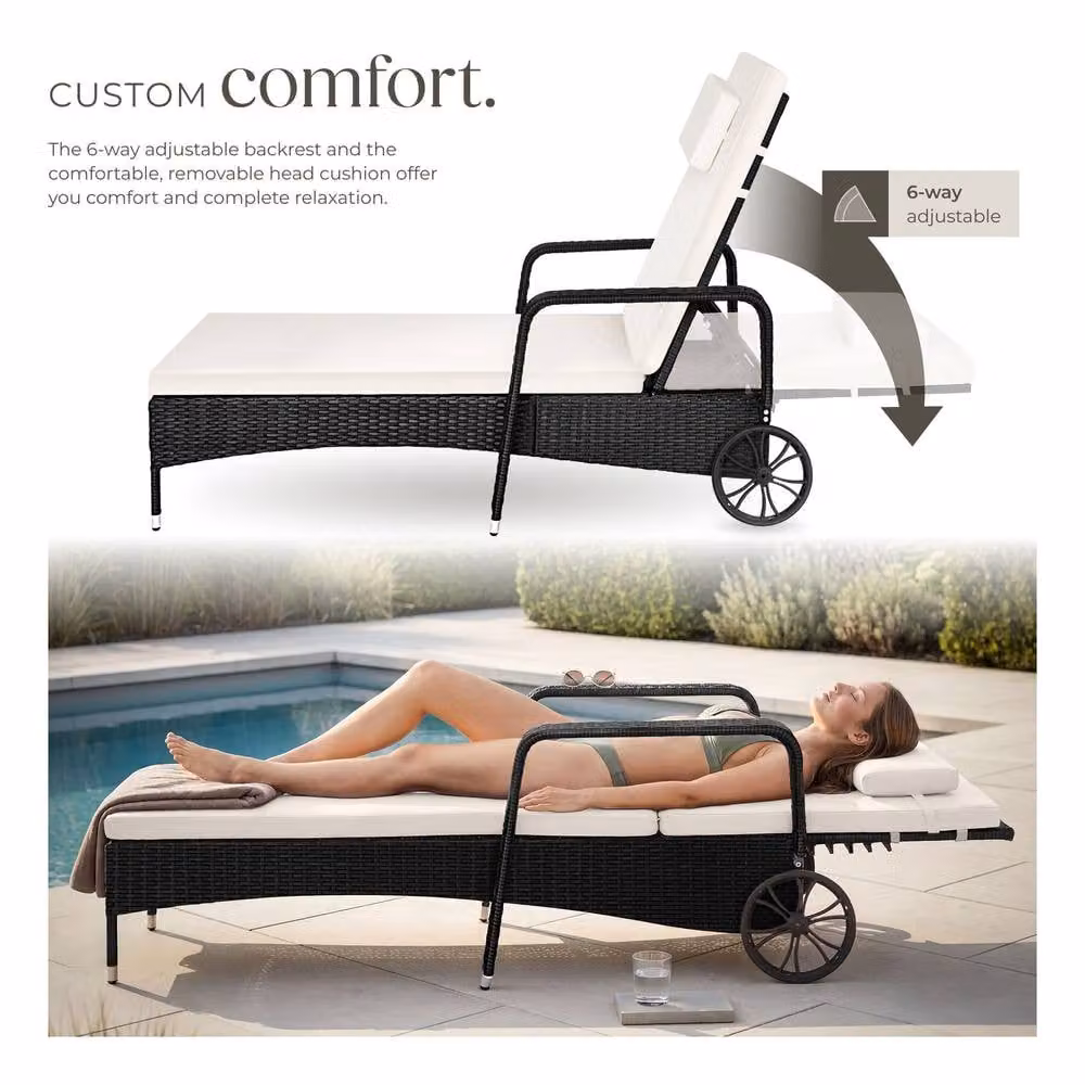 tectake Caspian 1 Seater Sun Lounger with Multicolour Weatherproof Cushions and Castors – 3