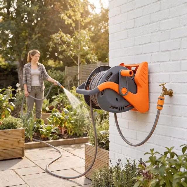 Outsunny Wall Mounted Portable Garden Hose Reel with Wall Bracket, Orange