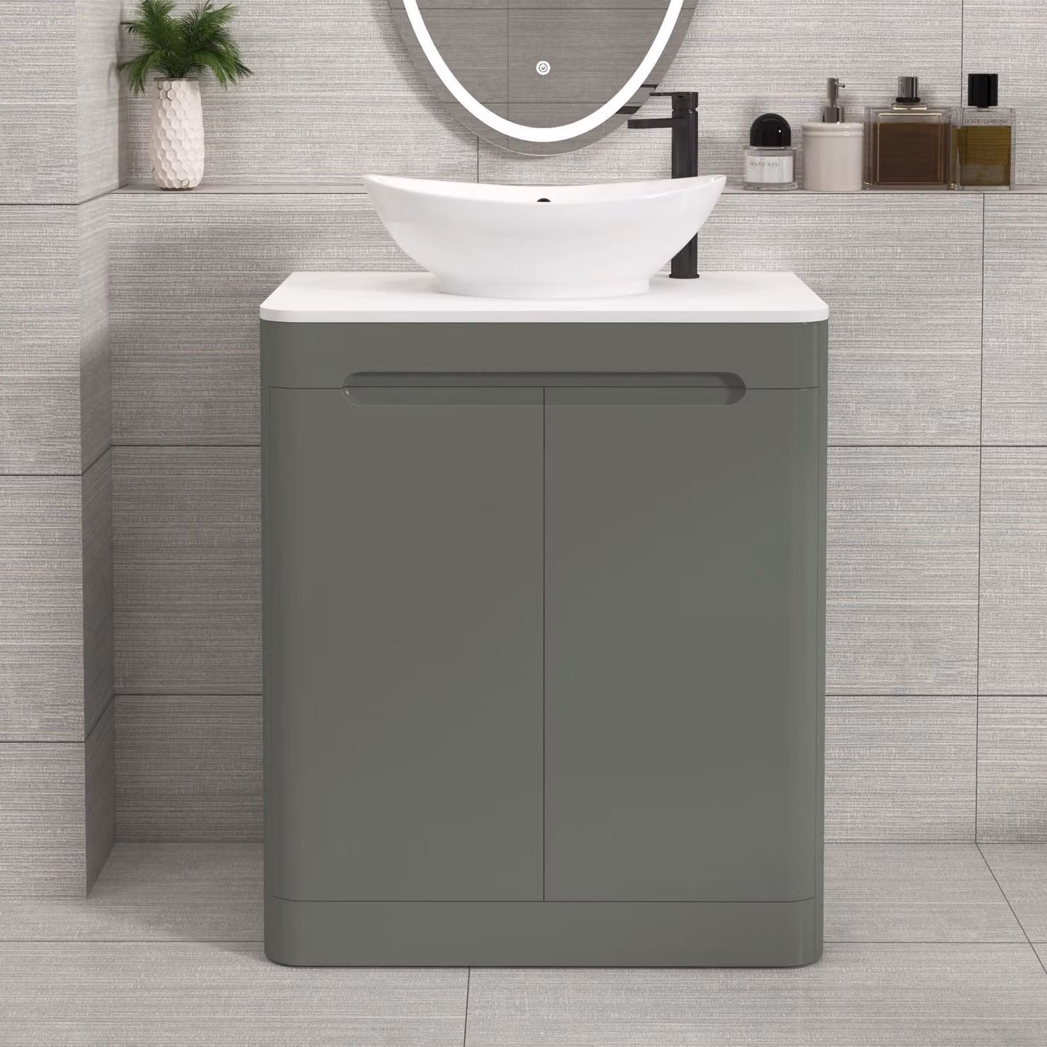 Royal Bathrooms Venice 700mm Sage Green Floor Standing 2 Door Vanity Unit with Plain White Worktop and Amaze Basin