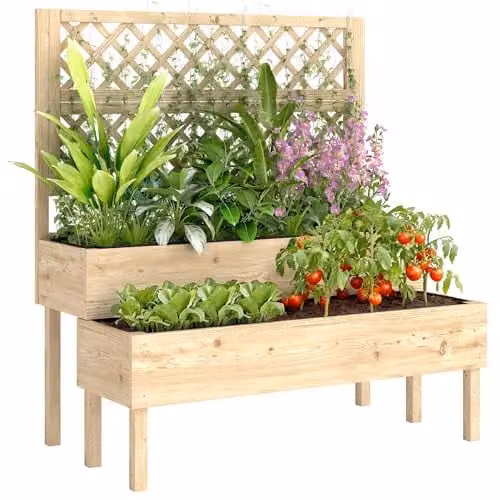 Outsunny 2-Tier Wooden Raised Garden Bed Planter with Trellis, Brown, H x W x D: 120 x 108 x 62 cm – 1
