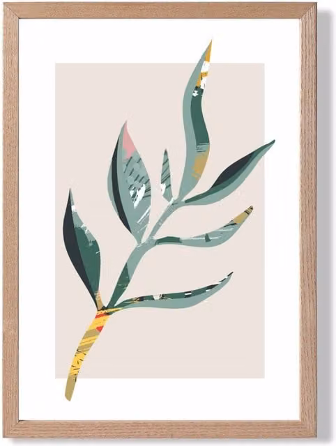 ARTZE Minimalist Papyrus Leaf Botanical Framed Print in Green and Red with Oak Frame, Size: A2