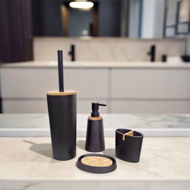 Showerdrape Sonata 4 Piece Black and Bamboo Bathroom Accessory Set – 1