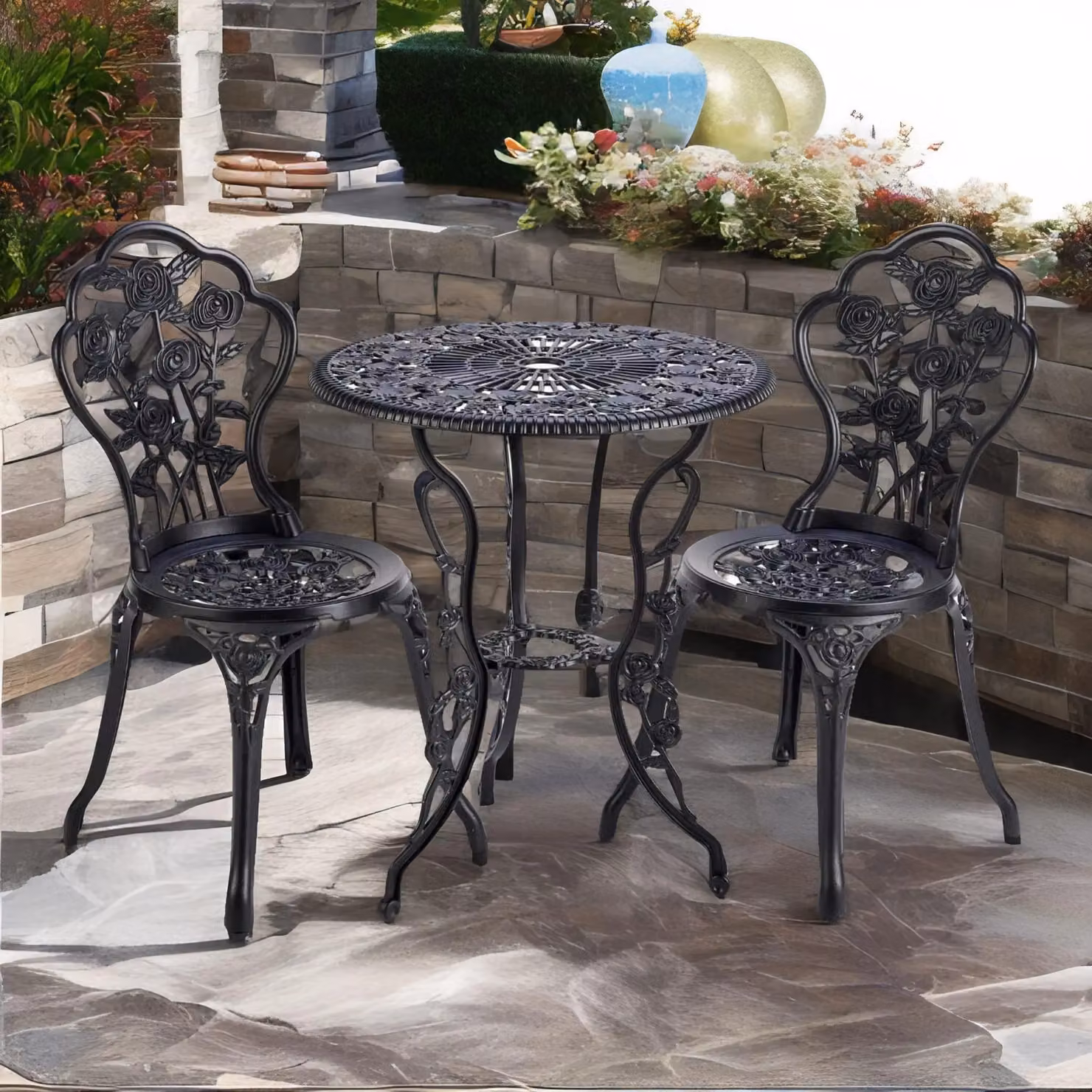 Rafaelo Mobilia Set of 3 Antique Grey Powder Coated Aluminium Bistro Table and Chairs – 2