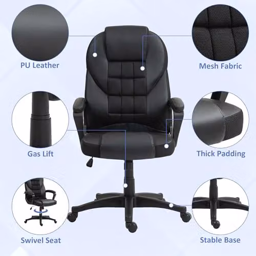 HOMCOM Executive Office Chair in Black Synthetic Leather with High Back, Armrests and Headrest, Swivel Function – 5