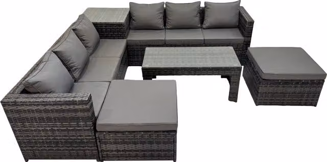 Fimous 8 Seater L-Shape Rattan Garden Furniture Set in Dark Grey with Upholstered Cushions, Ottoman and Coffee Table – 1