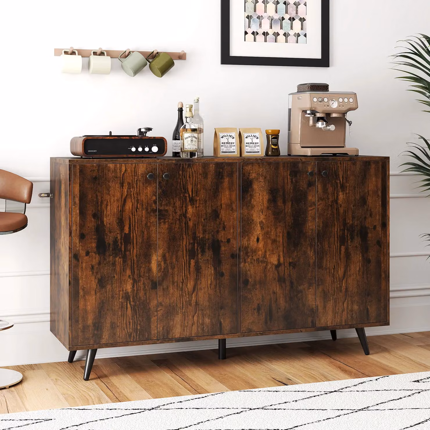 Costway Mid Century Modern 4-Door Buffet Sideboard Storage Cabinet in Brown – 6