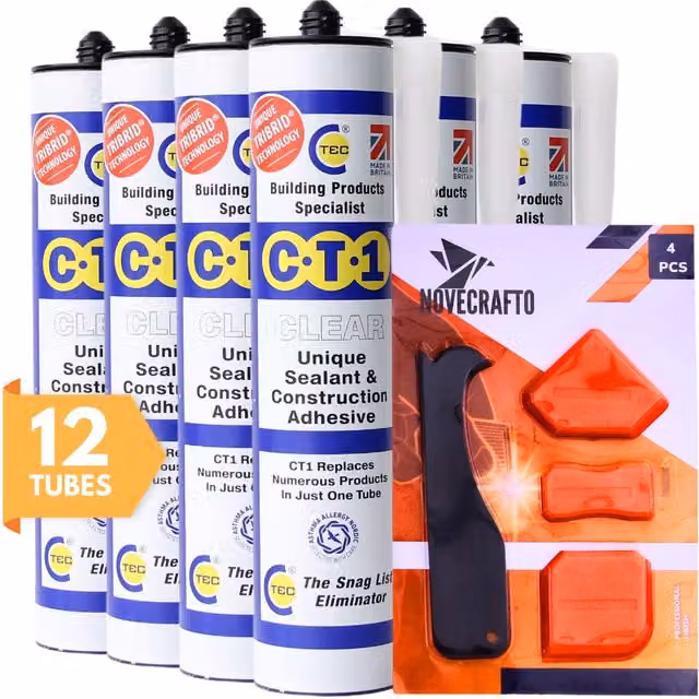 NOVECRAFTO Waterproof Sealant and Adhesive in Clear, Pack of 12 Tubes with 4-Piece Tool Kit