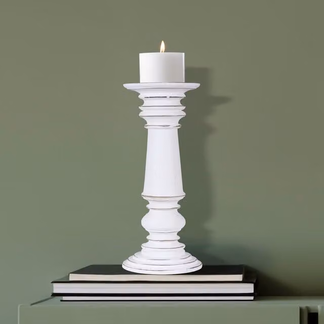 Topfurnishing Rustic Antique Carved Wooden Pillar Church Candle Holder, White, Height: 15 cm
