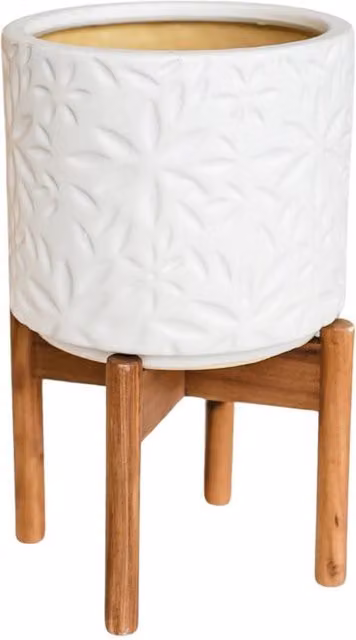 Lemon Pavilion Furniture and Decor Aspen White Ceramic and Wood Flower Planter, W: 22 cm, D: 22 cm, H: 34 cm – 1