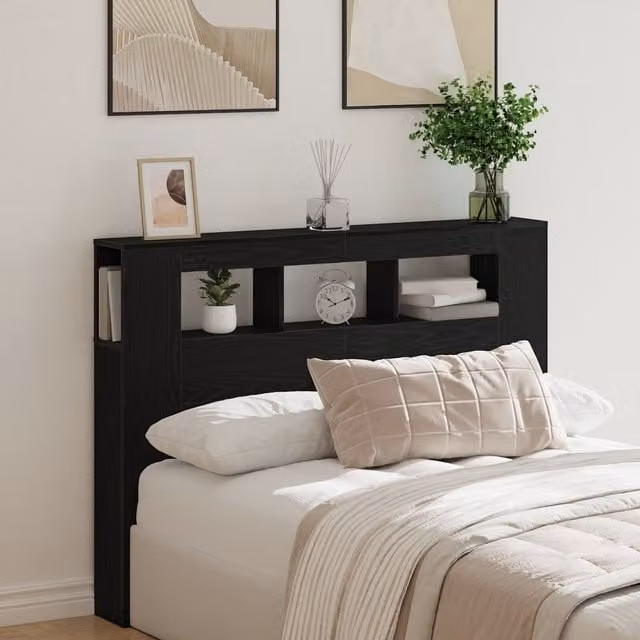 Berkfield Home LED Headboard in Black Oak, W: 140 cm, H: 103.5 cm, D: 18.5 cm