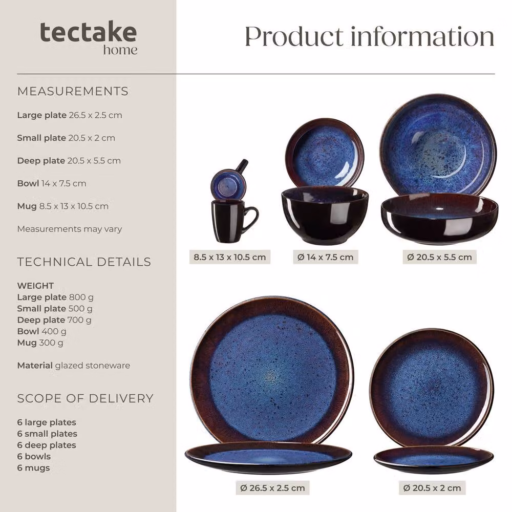 tectake Mare Blue Glazed Stoneware Dinner Set for 6 People – 5