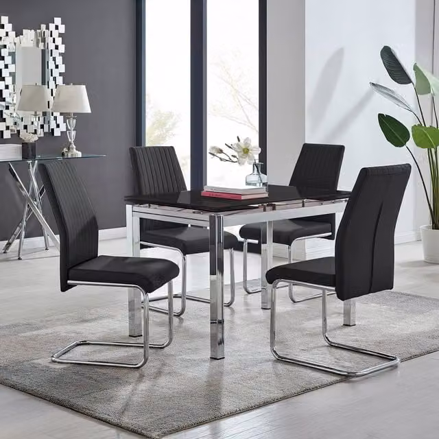 Furniturebox Enna Black Glass Extending Dining Table and 4 Lorenzo Chairs Set