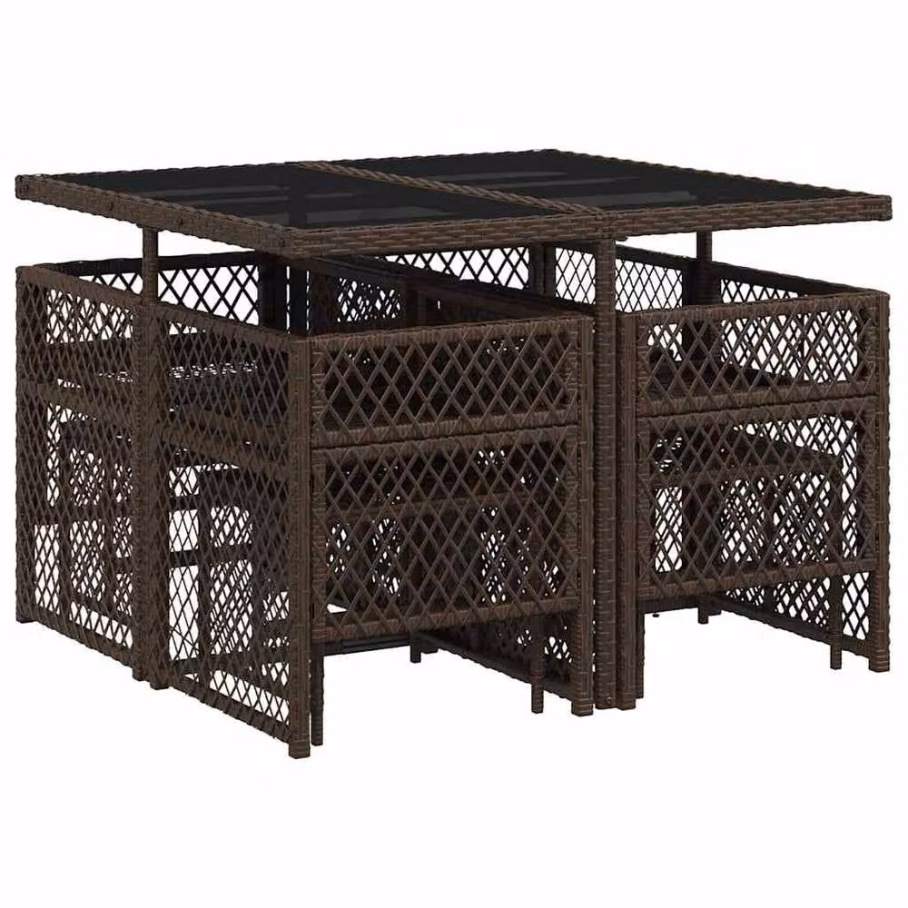 Berkfield Home 9 Piece Brown Poly Rattan Garden Dining Set with Cushions and Glass Tabletop – 3